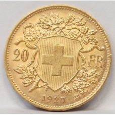 SWITZERLAND 1927 B . TWENTY 20 FRANCS . GOLD COIN